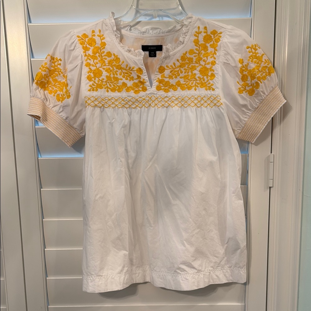 J Crew White Cotton Blouse with Yellow Embroidery XS